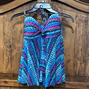 Women’s Blue & Pink Patterned Halter Swim Tankin with padding